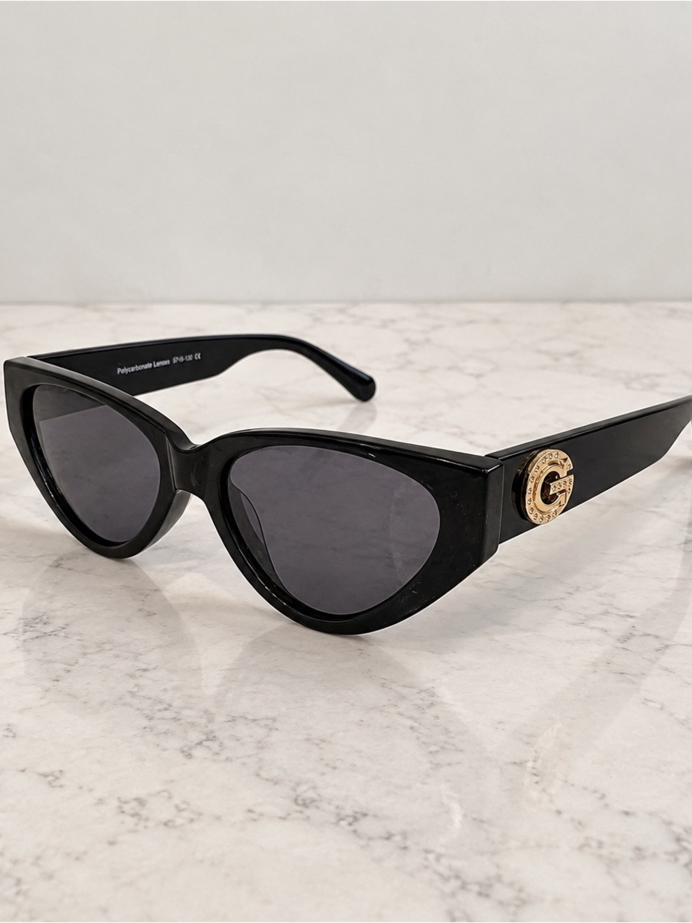 Allure Genesis F524AG Black Cat Eye Sunglasses Gold G Rhinestone Logo